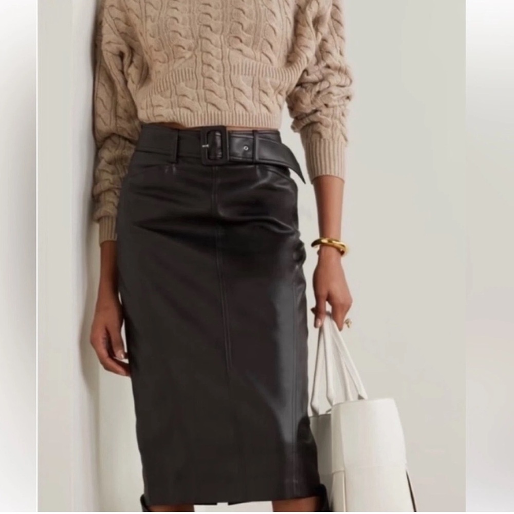 NWOT $295 Theory Bedford Black Vegan Leather Midi Pencil Skirt